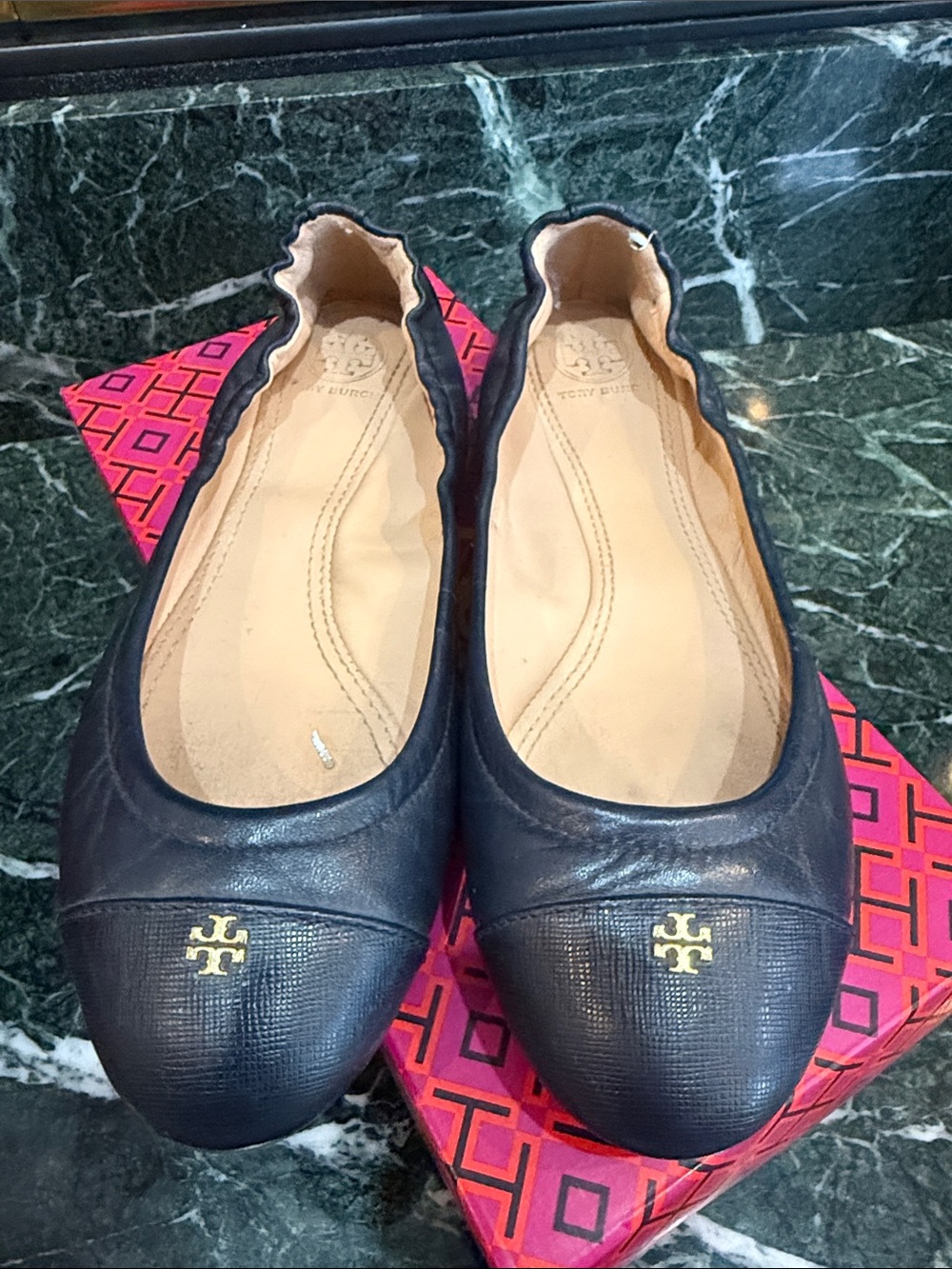 Tory Burch Black Leather Logo Cap-Toe Ballet Flats